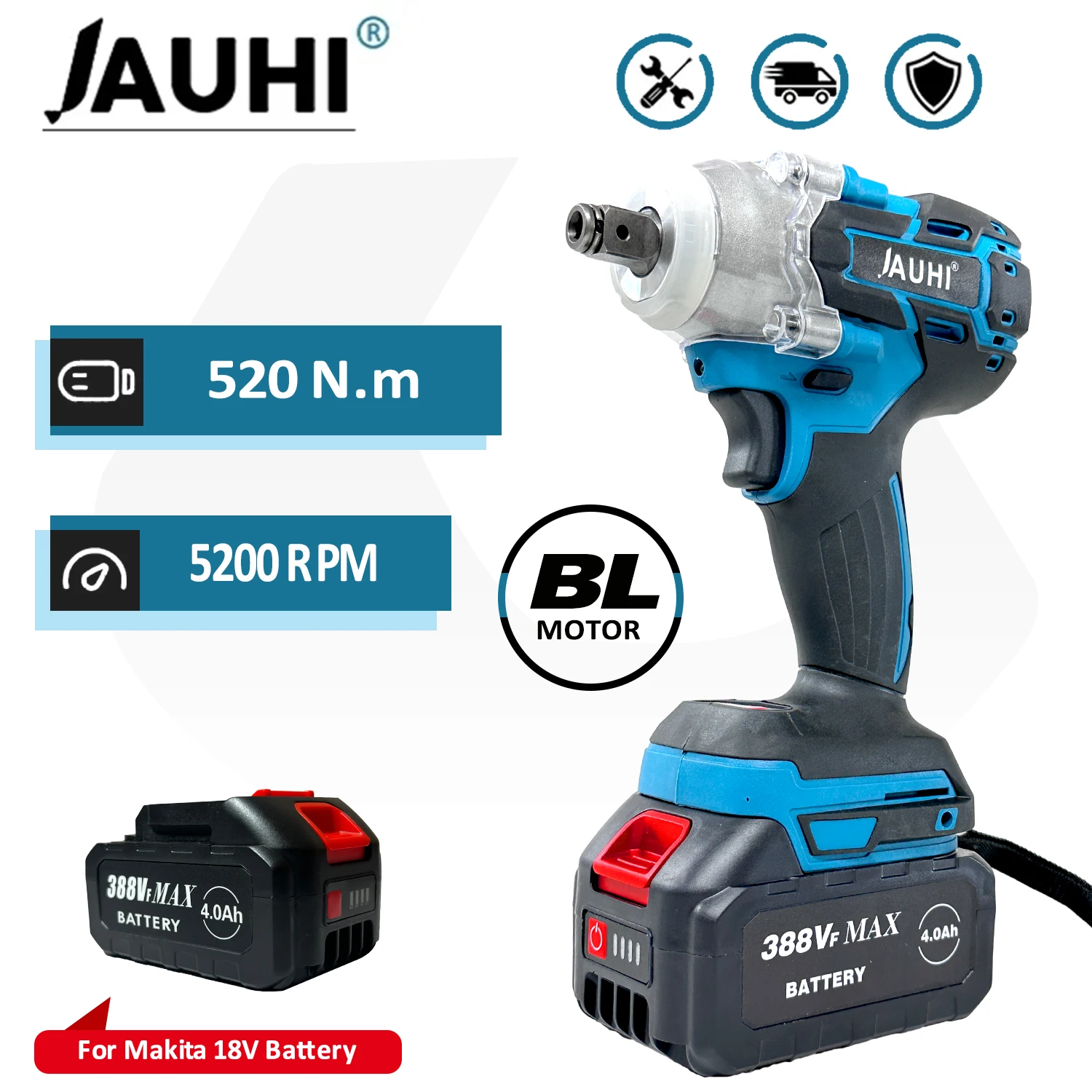 

JAUHI 520N.M Brushless Electric Impact Wrench Cordless Electric Wrench 1/2 Inch for Makita 18V Battery Screwdriver Power Tools