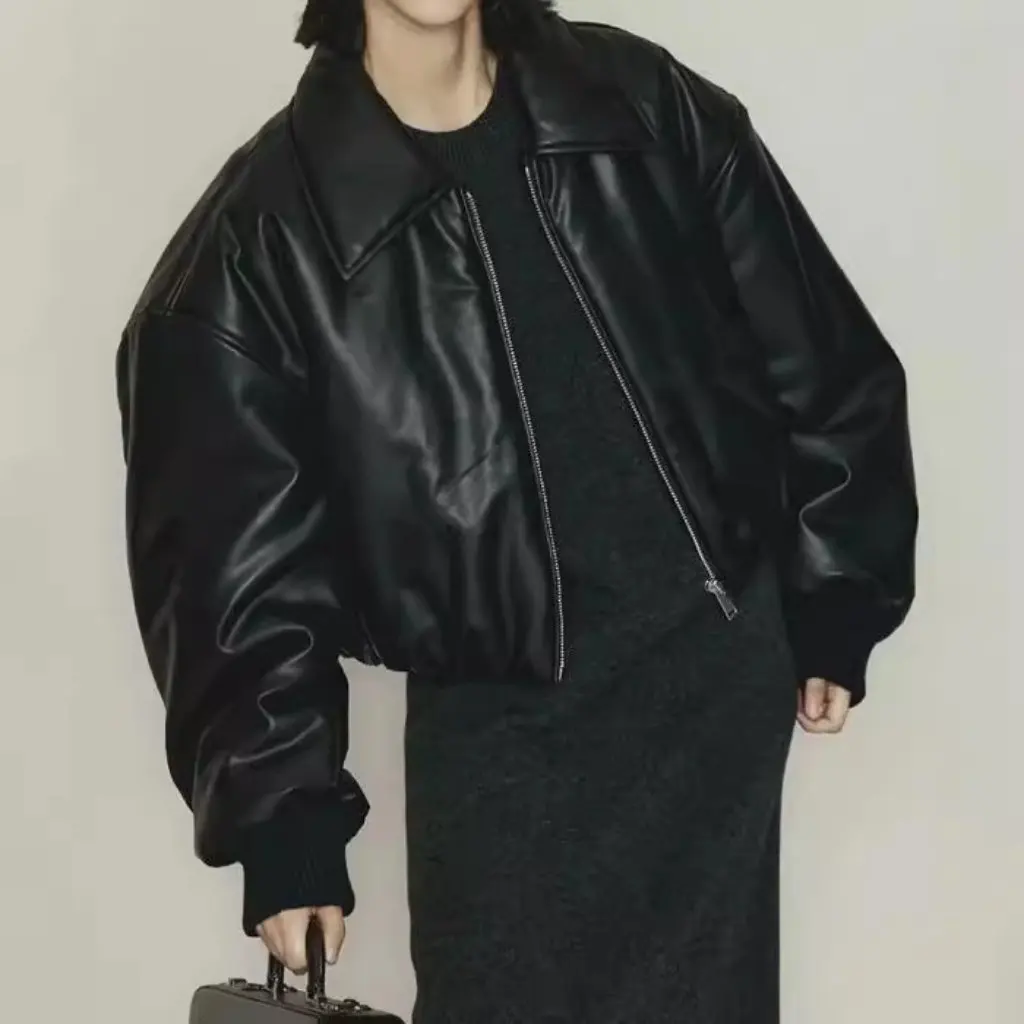 女性のハンサムなショートルーズレザージャケット秋冬厚みのあるパン綿防風オールマッチアウターウェア