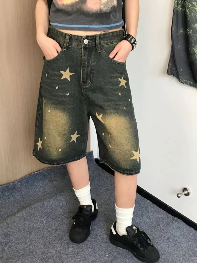 Sommer Blue Star Denim Shorts 90er Jahre ästhetische knielange Jeans Shorts Frauen 2000s Vintage Y2k Cowboy kurze Hosen Harajuku Kleidung