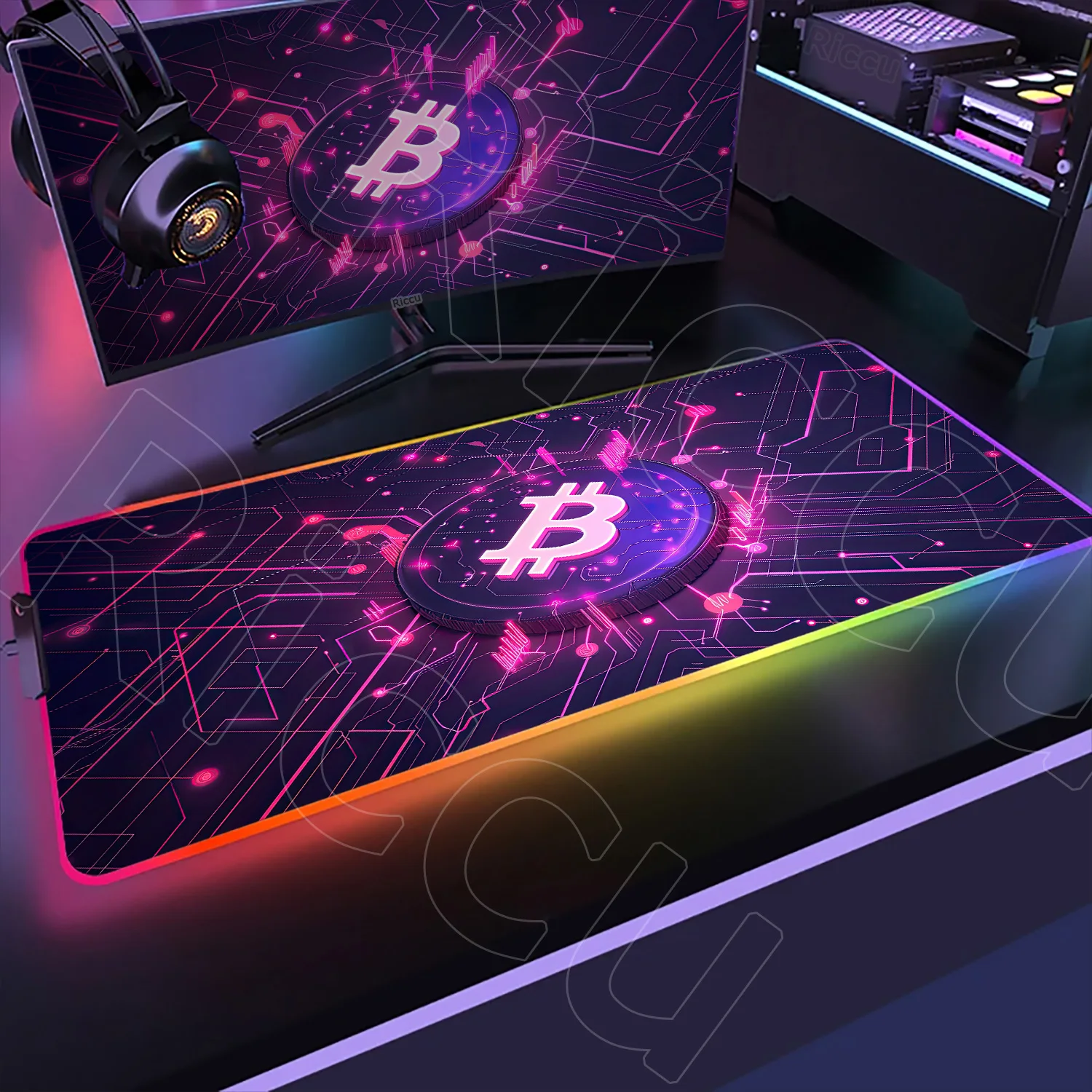 Bitcoin Pattern Mouse Pad Large RGB Gamer Lumines Mousepad PC Keyboard Accessories Large LED Light Colorful Deskmat With Backlit