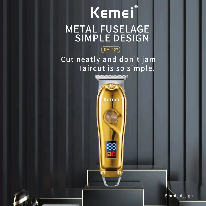 Kemei Rechargeable Hair Trimmer Zero Cut Detail Clipper Cordless Gold Metal Hair Cutting Machine for Men Edge T-blade 6800rpm