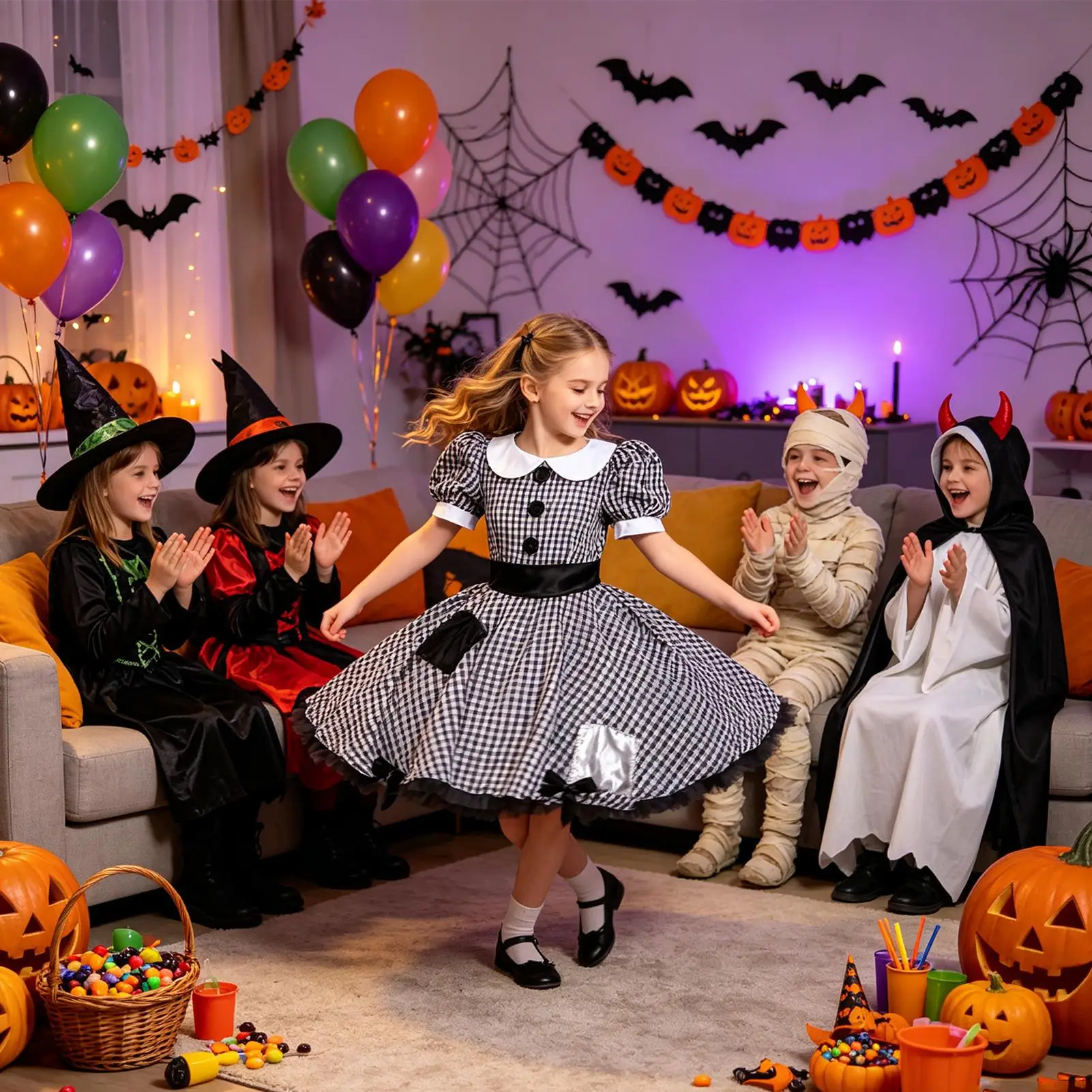 Kids Girls Horror Clown Cosplay Costume Lapel Puff Sleeves Buttons Decoration Plaid Layered Dress for Halloween Themed Dress Up