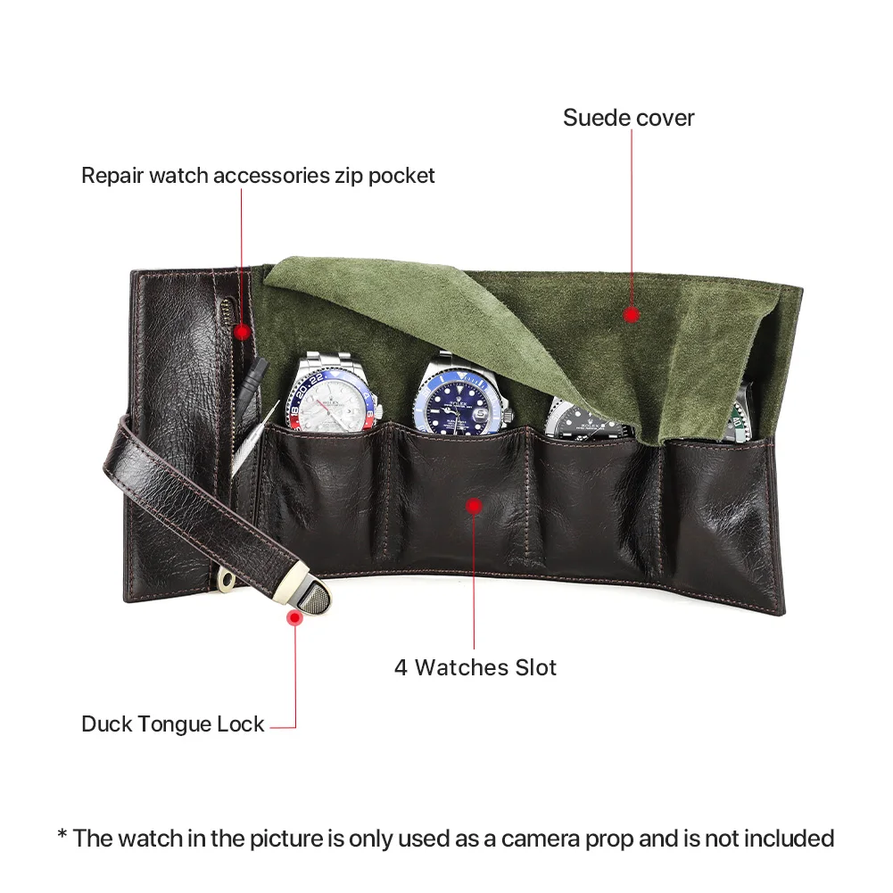 CONTACT\'S FAMILY Genuine Leather Watches Roll Pouch Watch Case Travel Portable 4 Slots Roll up Wristwatch Storage Bag