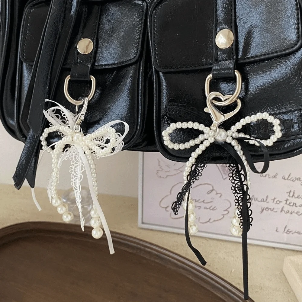 New Pearl Lace Bow Keychain Removable Aesthetic Bag Pendant Accessories Bag Decorations Heart Pendant Girls Gifts