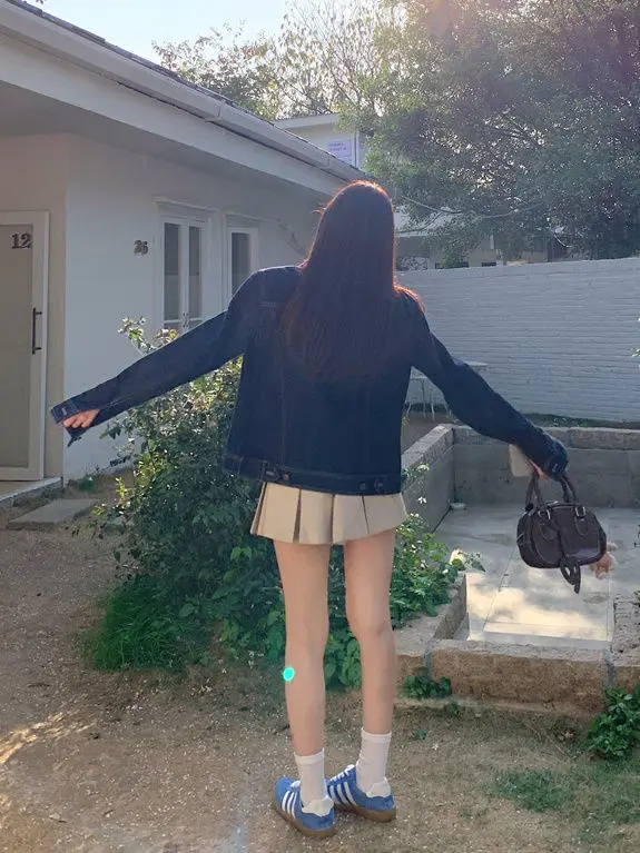 Korean Style Spring Autumn Dark Blue Retro College Denim Jacket Women Petite Girls Loose Casual Button Design Short Coat