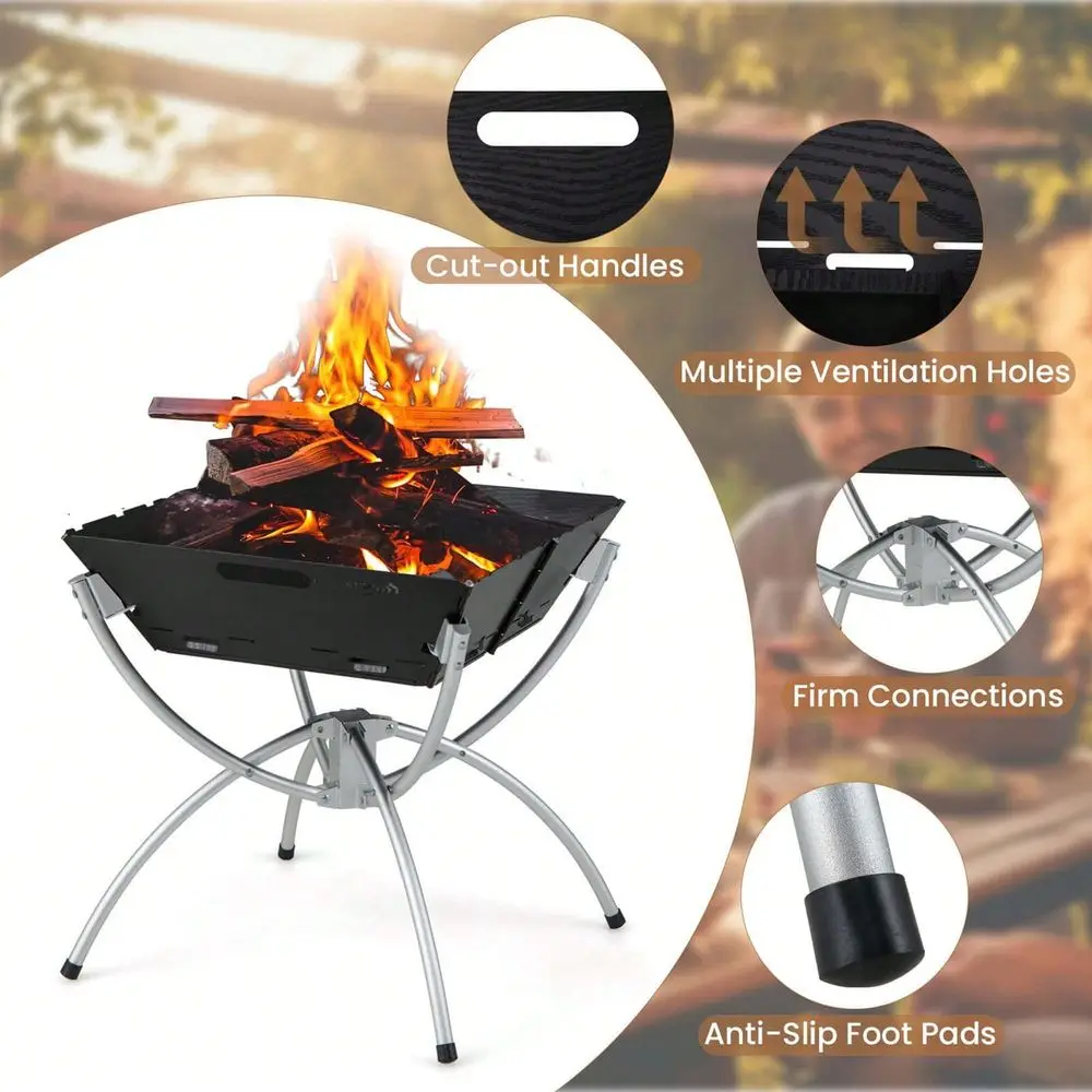 3In1 Portable Charcoal Grill Folding Camping Fire Pit With Carrying Bag Gloves Black Coffee