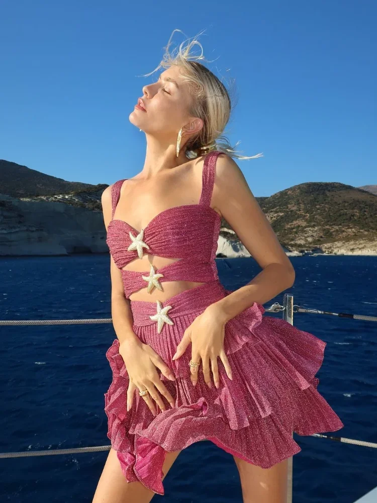 

Шикарное блестящее платье с вырезами в виде морских звезд, женское, без рукавов, с открытыми плечами, многослойное, с оборками, мини-платье 2026, праздничное пляжное платье для женщин