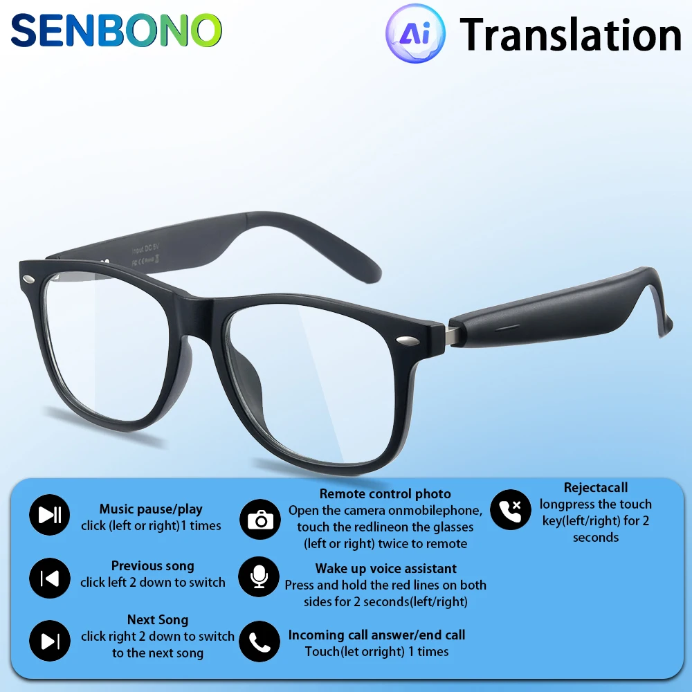 SENBONO New AI Translation Smart Glasses Hands-free Calling Music Player Camera Control Anti-blue Light Glasses for Men Women
