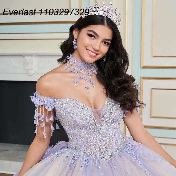 Evlast personalizado lavanda quinceanera vestido de baile renda applique miçangas cabo mexicano doce 16 vestidos de 15 anos tqd841