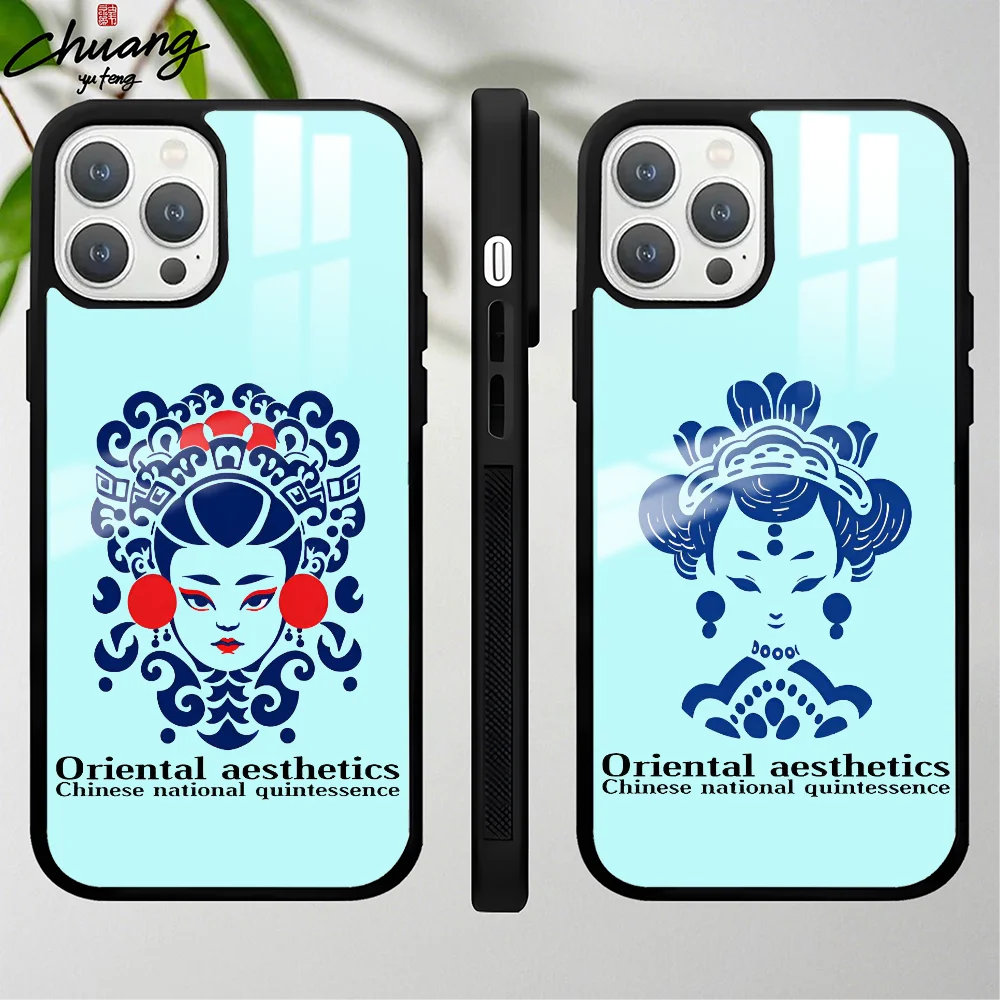 Oriental aesthetic facial makeup Phone Case For 11 12 13 14 15 16Pro Max mini Plus Frosted mirror Phone Cover