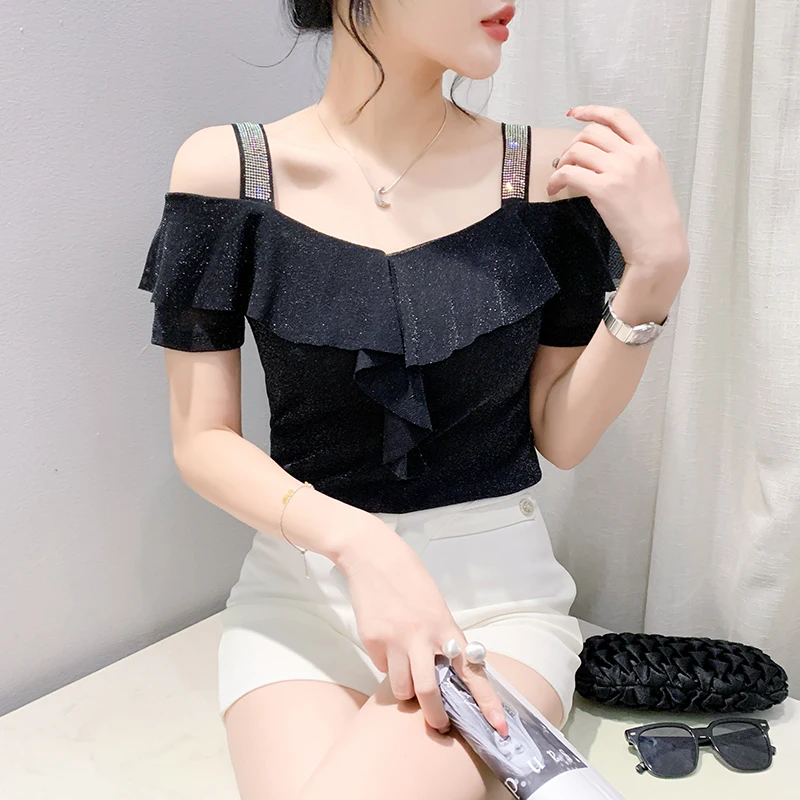 

Black Summer Korean Style Mesh T-Shirt Chic Sexy Off Shoulder Ruffles Shiny Diamonds Women Tops Short Sleeve Tees 2024 New 46040