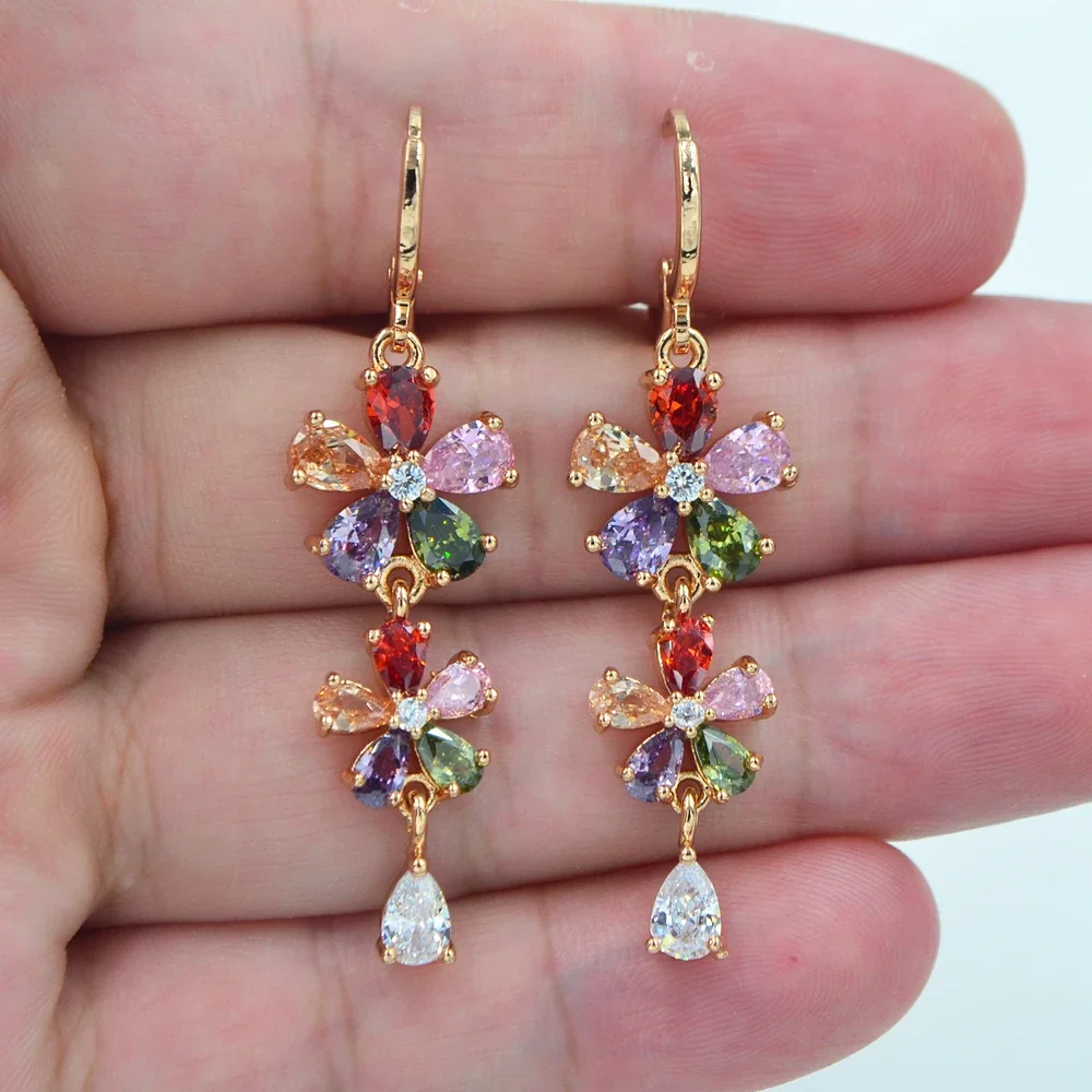 Gold Color Women Fashion Luxury Multicolor Zircon CZ Flower Dangle Wedding Earrings Jewelry