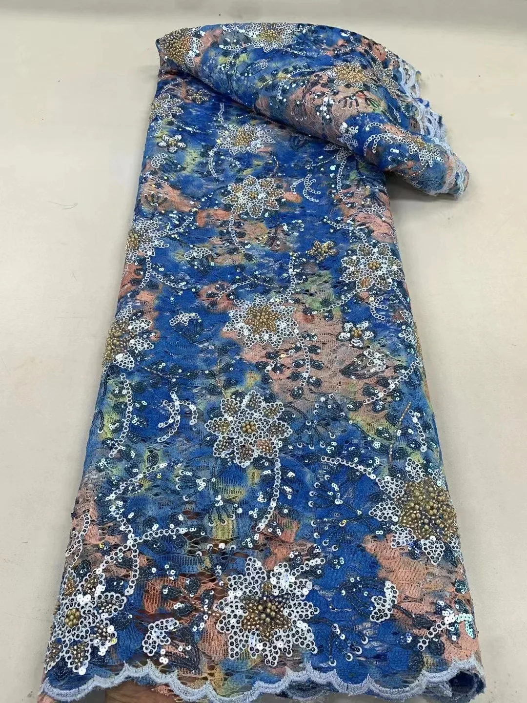 

Luxury African Sequins Lace Fabric 2023 High Quality French Nigerian Beaded Lace Fabric For Sewing Dress Wedding Party PL436-7