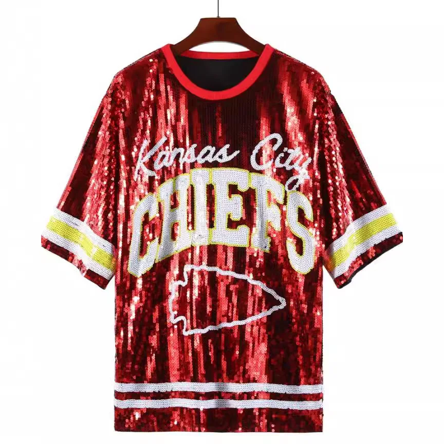 Red Color Letters Printed Rugby Team Uniform Sequined Jersey Women Summer Plus Size Heavy Industry Streetwear Casual T-shirt