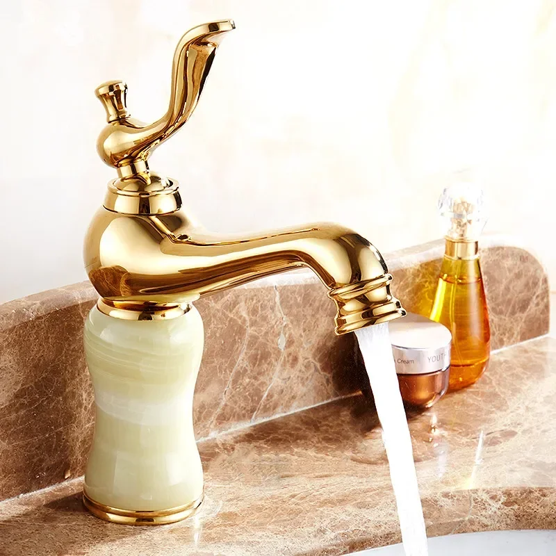 Faucet Basin Hot and Cold Water Mixer Taps Copper Golden Lavatory Faucet Marble Stone Gold Basin Faucet