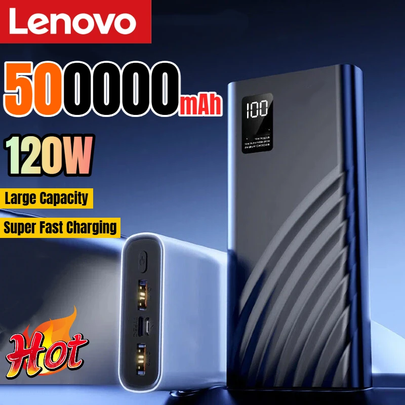 

Внешний аккумулятор Lenovo 120W 500000 мАч с супербыстрой зарядкой, большой емкостью и цифровым дисплеем для iPhone, Samsung, Huawei