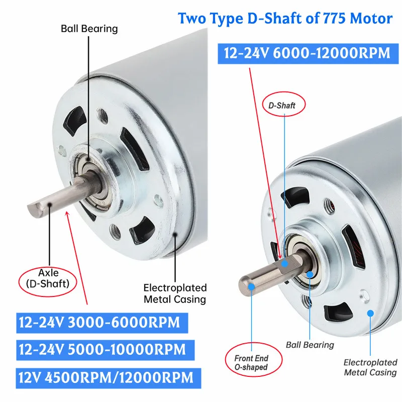 D Shaft RS775 DC Motor 12V / 24V High-speed Large Torque Motor 775 Motors for Small Drill Micro Machine with Ball Bearing