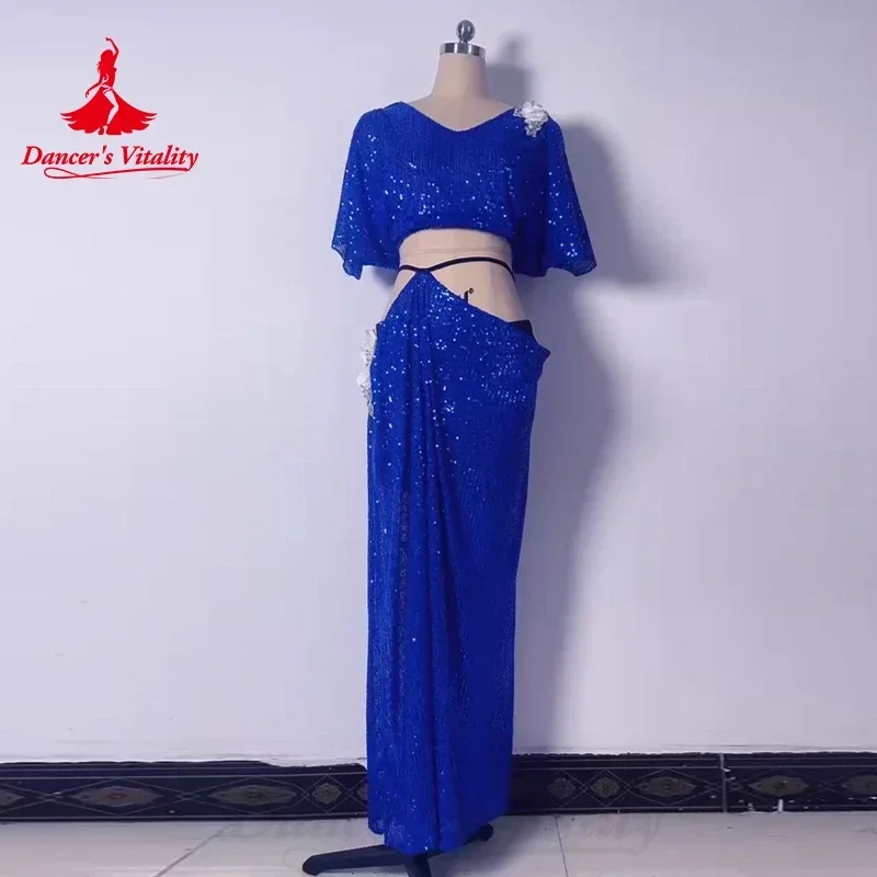 Belly Dance Costume Suit Women\'s Customized V Neck Short Sleeved Top+Split Long Skirt 2ps Oriental Dance Performance Costumes