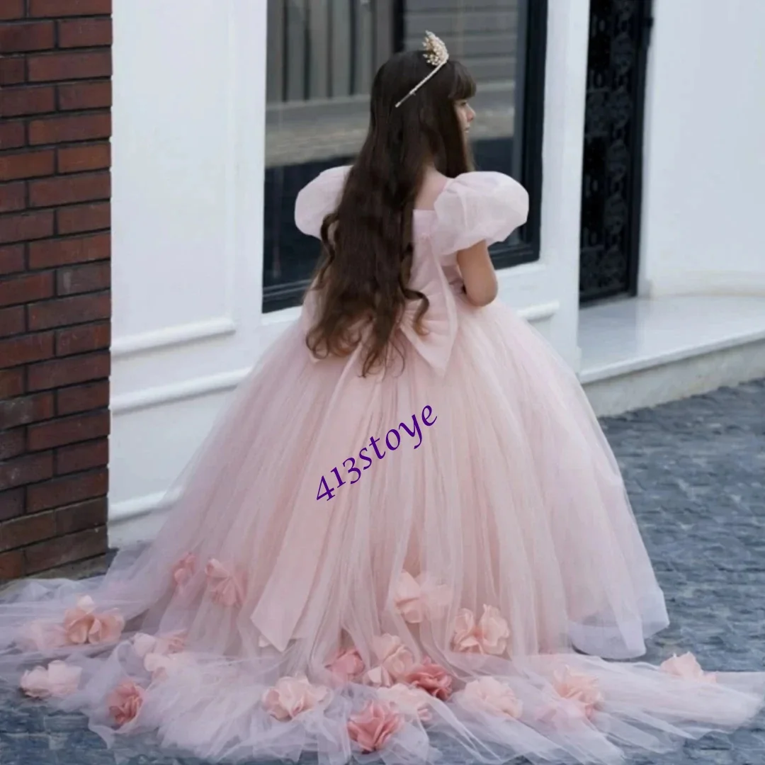 

Customized Sky Blue Flower Girl Dress For Wedding V-Neck Pearls Floor Length Elegant Princess First Communion Birthday Ball Gown