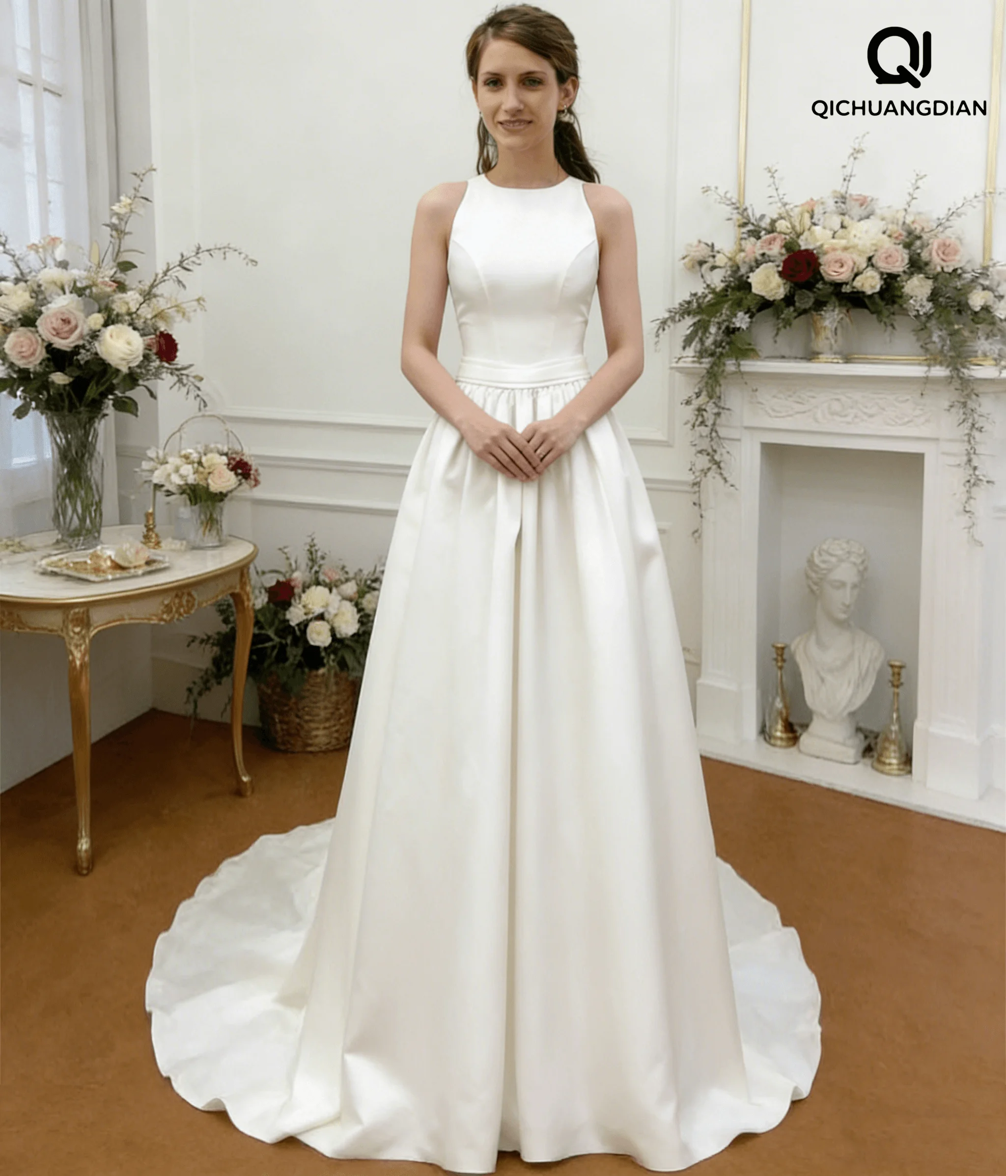 

Customized Simple O-Neck A-Line Lace-Up Satin Wedding Dress Bridal Wedding Sweep Train Wedding vestidos de novia robe de mariée
