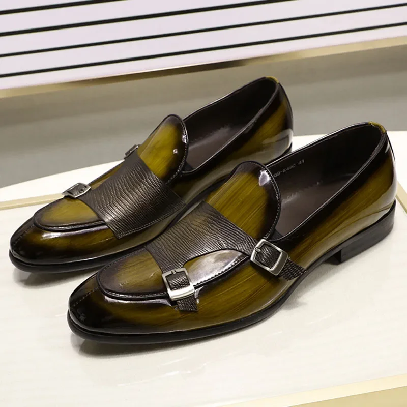 FELIX CHU Men\'s Patent Leather Loafers Black/Green Monk Strap Slip-On Shoes for Wedding Party Dress Casual Fashion