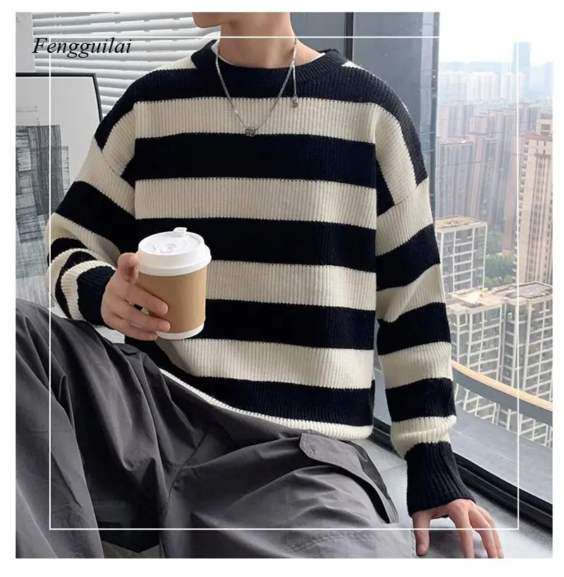 Autumn Winter Knitted Striped Sweater Men Casual Oversized Pullovers Sweaters Loose Warm Jumper Streetwear Teen Knitwear