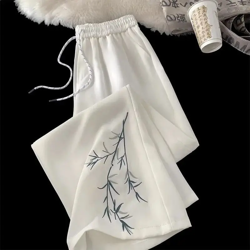 

Women's Graceful Chinese Style Bamboo Suit Pants 2025 Spring Summer Thin Black Elastic Waist Embroidery Trousers Lady Clothing