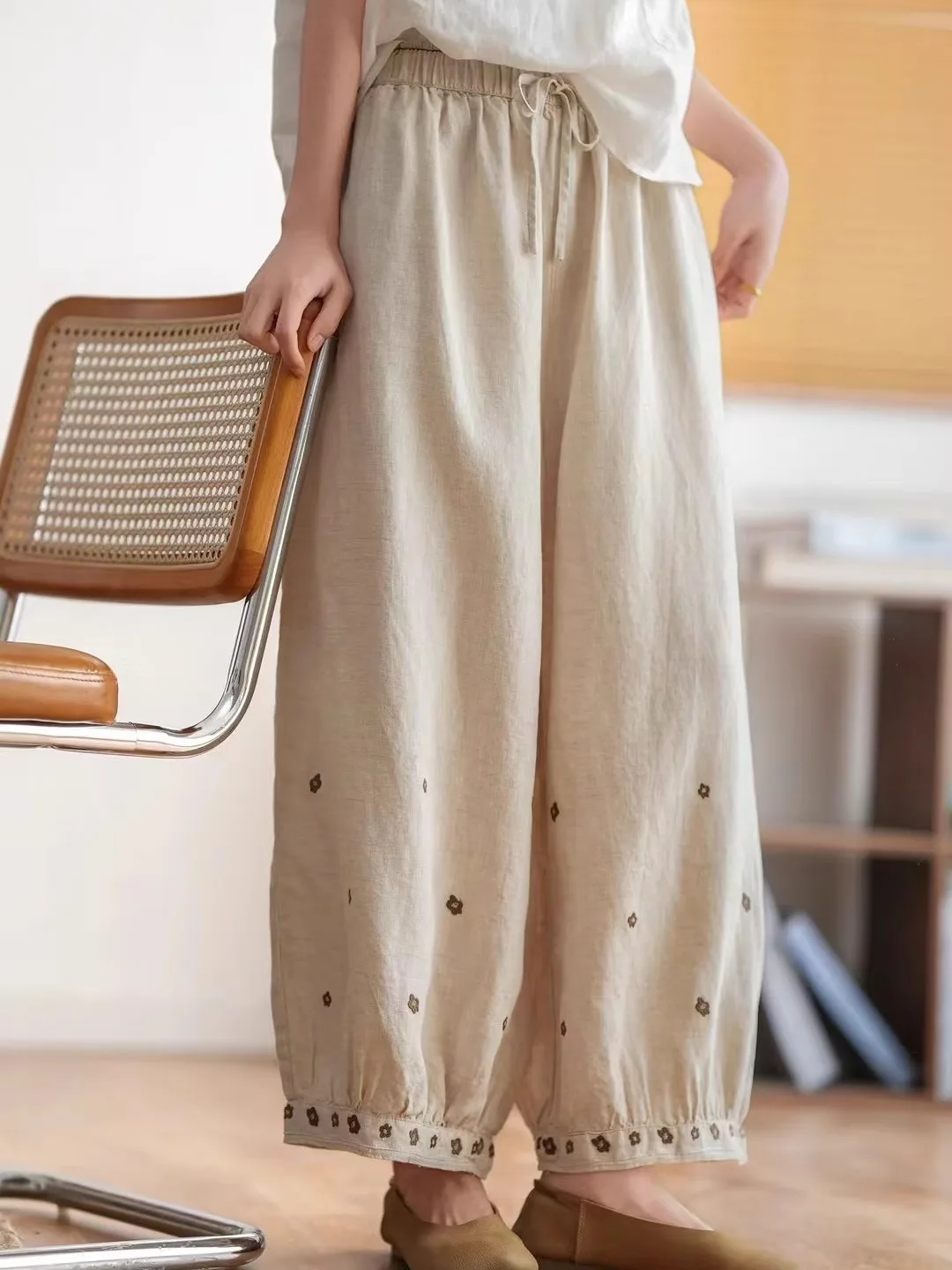 الرجعية المطرزة القطن الكتان بنطال ذو قصة أرجل واسعة النساء الربيع الصيف حزام خصر مرن عادية مستقيم أنبوب فانوس السراويل #2