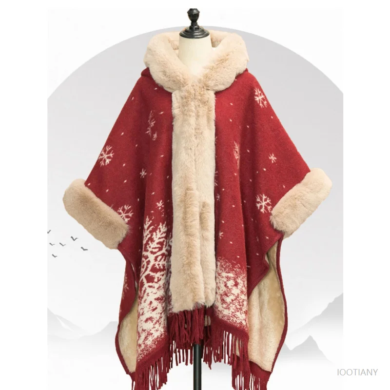 شيونغسام شال كيب نمط جديد 2025 دافئ أحمر السنة الجديدة Hanfu الرؤوس تأثيري حفلة عيد الميلاد المرأة أفخم ندفة الثلج وشاح على غرار معطف #3