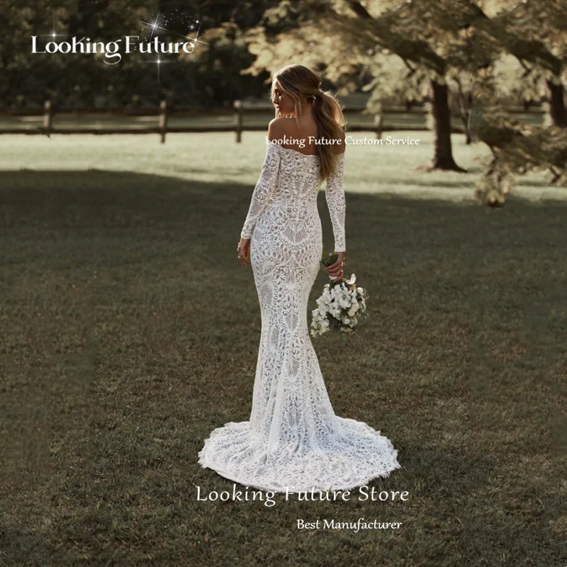 Exquisito vestido de novia de sirena blanca con bordado de encaje para mujer, vestido de novia Sexy de manga larga con hombros descubiertos y espalda descubierta personalizado 2025