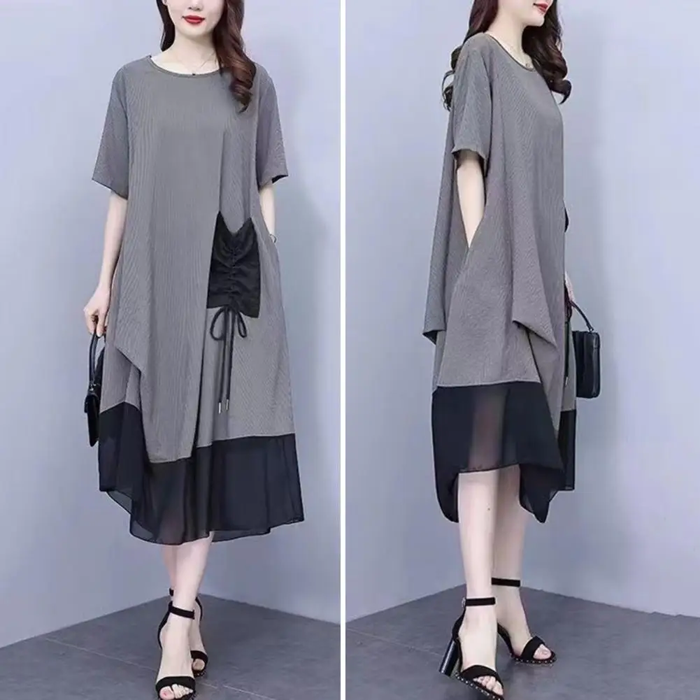 ผู้หญิงชุดโพลีเอสเตอร์สไตล์ผู้หญิงเสื้อยืดตาข่ายพร้อมกระเป๋าสําหรับวันหยุดชายหาดขนาดบวกหลวมลดน้ําหนัก Sundress สบายๆ