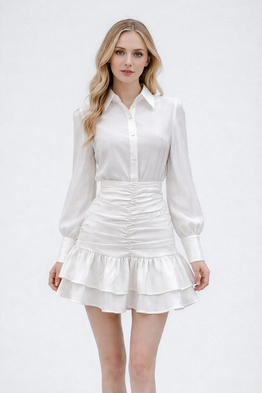 

Women's White Pearl Sheen Shirt & Ruched Ruffle High Waist Mini Skirt Set Ins Australian Elegant Minimalist Outfit