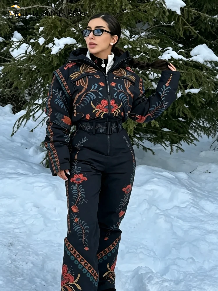 Floral Print Hooded Ski Jumpsuit Women's Windproof Full Sleeve Zippers Belted Skiing Romper 2026 Winter New Ladies Chic Snowsuit