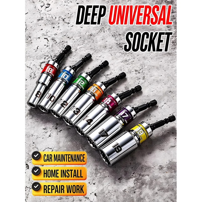 1/4 Inch Universal Impact Socket Set 15 Degree Swivel Angle 12 Point Nut Driver Bit Adapter for Electric Pneumatic Drill Repair