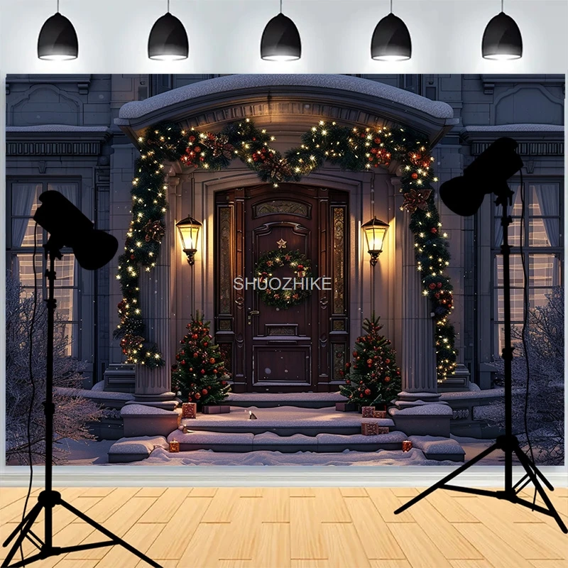Front Door Christmas Day Decoration Photography Backdrops Happy New Year Fireplace Xmas Day Family Party Photo Background XH-56