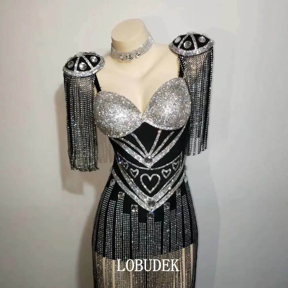 Damski czarno-biały kombinezon z frędzlami i dżetami, seksowny strój z chwostami na imprezę urodzinową, dla piosenkarki, zespołu tanecznego, kostium sceniczny.