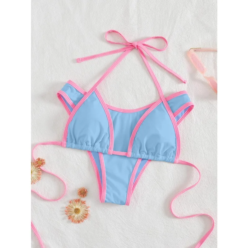 ฤดูร้อนชายหาดผู้หญิง Contrast Trim Halterneck One- Piece ชุดว่ายน้ําเซ็กซี่ชุดว่ายน้ําชุดว่ายน้ํา