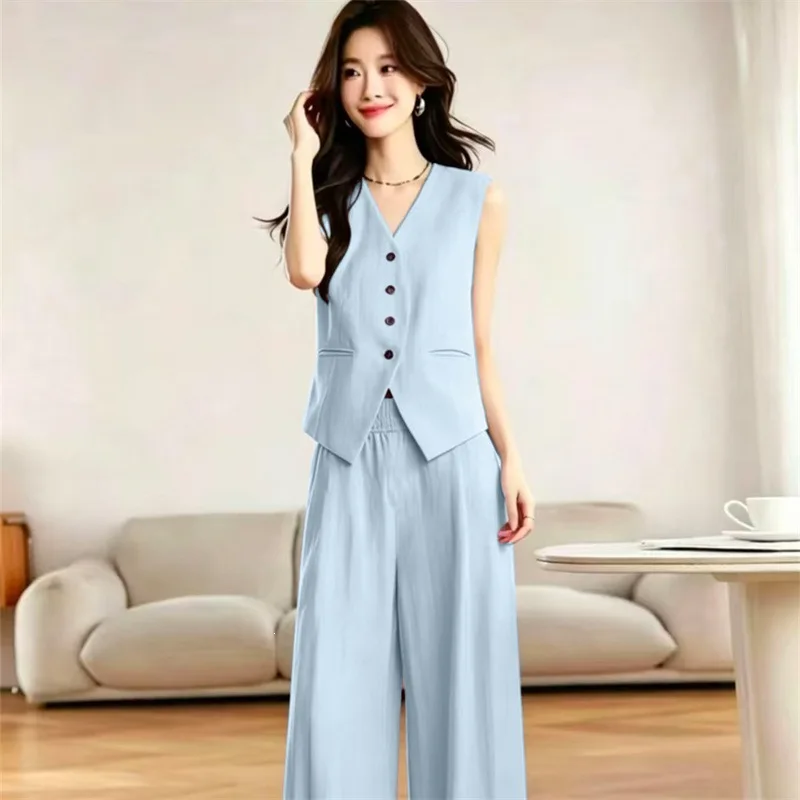 Women Pants 2PCS 2026 New Spring Summer Sleeveless Vest + Wide-leg Pants 2 Piece Set Female Blazers Waistcoat Vest Tops Outfits
