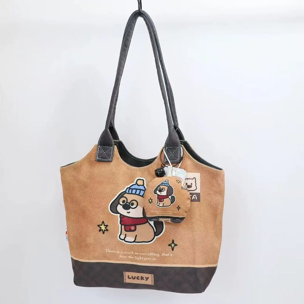 

Fashion Canvas Women's Handbag Large Capacity Cartoon Shoulder Bag with Lanyard Animal Patterns Tote Bag Girls' Accessories