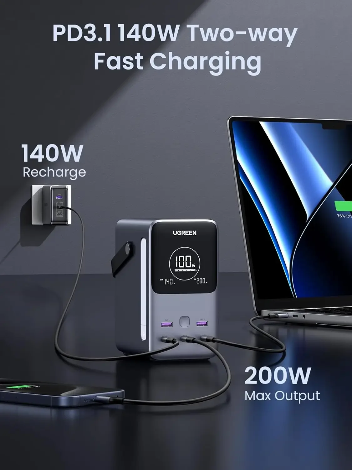 UGREEN 300W 48000mAh Portable Charger Power Bank with Smart Digital Display, Lighting and SOS Mode, 153Wh 5 Ports Battery Pack