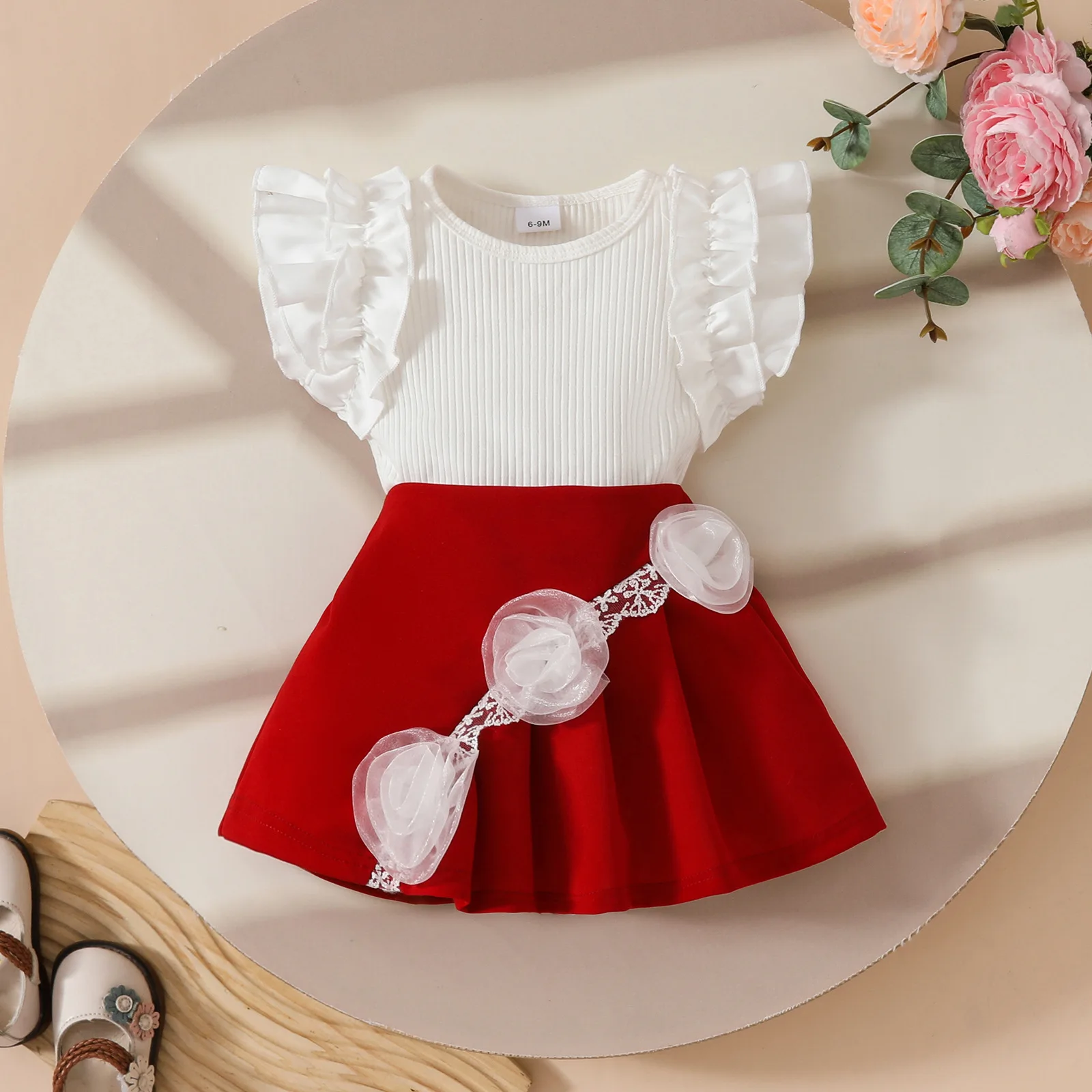

Toddler Baby Girl Skirt Set Solid Color Flying Sleeve Ribbed Tops 3D Flower Ruffle Skirt Fashion Summer Clothes 2 Piece Outfit