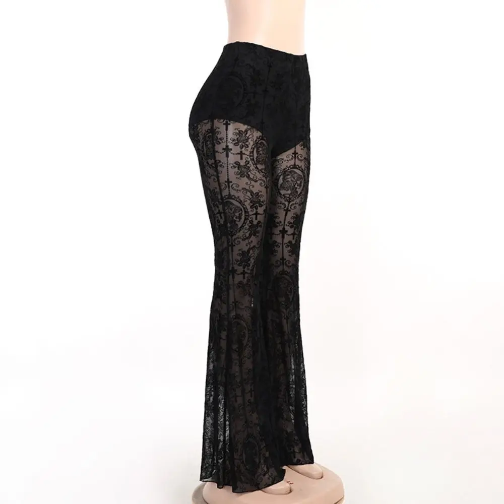 Daily See Through Gothic Punk Women Pants Black Long Y2K Lace Flare Trousers Vintage Patchwork Sexy Harajuku Pants Female
