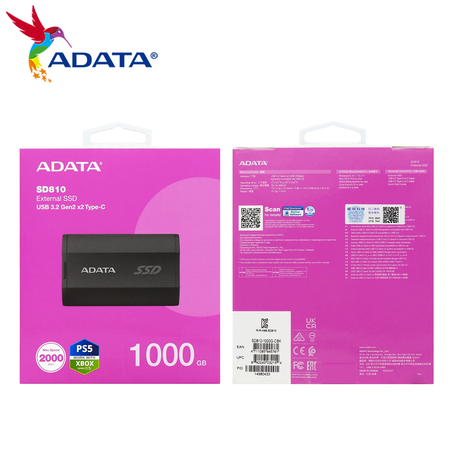 Imagem -06 - Ssd Portátil de Alta Velocidade Unidade de Estado Sólido Externa Usb 3.2 Gen2 x2 Tipo-c 500gb 1tb 2tb 4tb Ps4 Desktop pc Adata-sd810