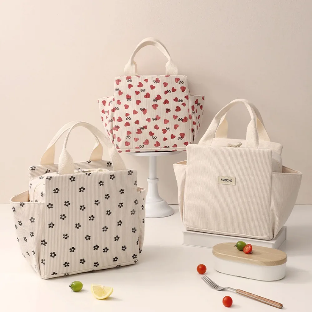 Cooler Tote Large Capacity Corduroy Lunch Bag Heart Thermal Insulation Cooler Bag Portable Picnic Food Pouch Children's Use