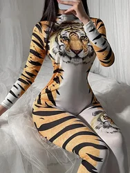 Leopard Print Female Tiger Print Pattern Jumpsuit Tight Fitting SKINNY Long Sleeve Bobysuit For Women Rompers Fashion New 9DFR