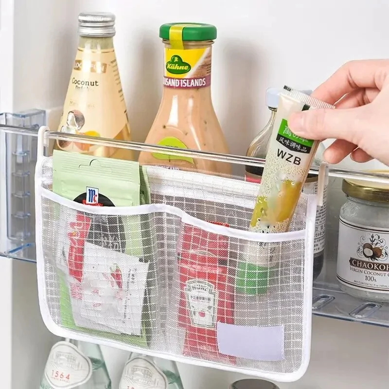 1pc Refrigerator Door Organizer, Fridge Hanging Mesh Bag For Kitchen Storage Bag