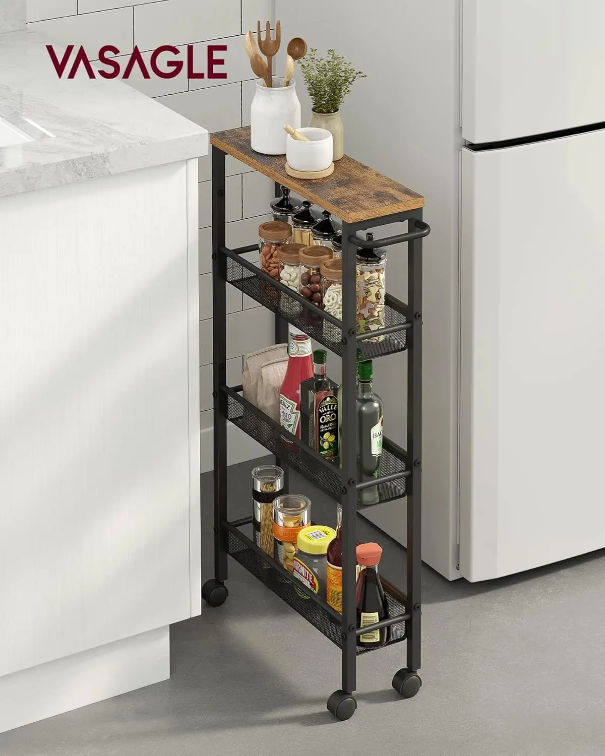 Vasagle 4-Level Trolley Smalle Keuken Trolley Niche Rack Op Wielen Stalen Handvat