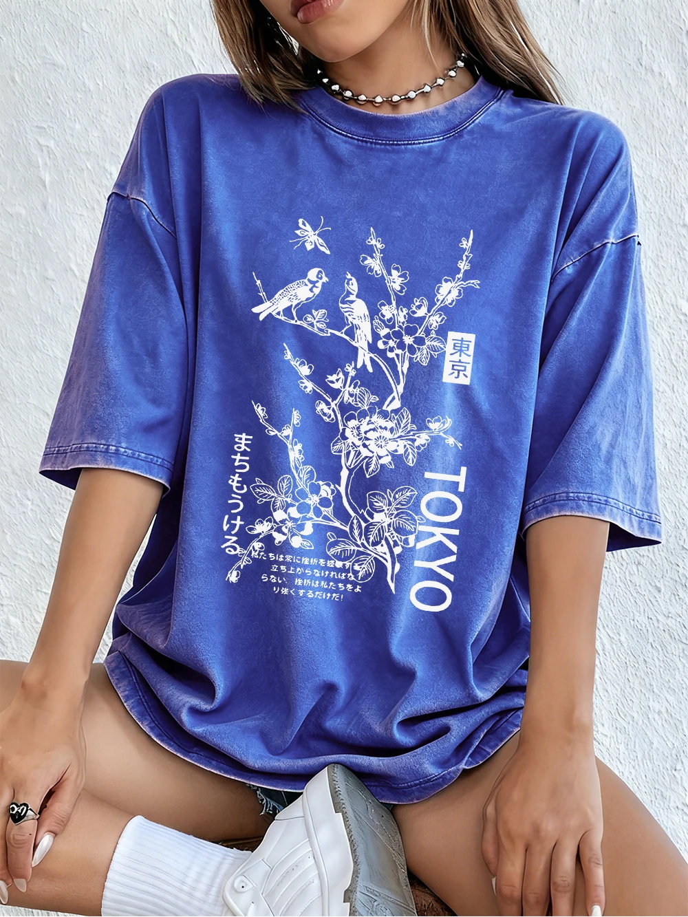 Tokyo Flowers And Birds Prints Womens Washed T Shirts Cotton T-Shirt Casual Y2K Vacation Sportswear Summer Loose Tee Top