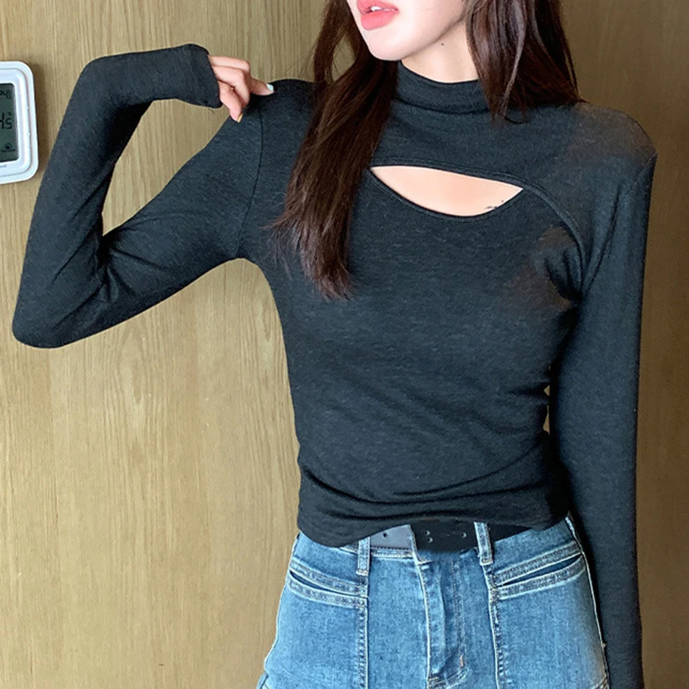 Womens long sleeve half high collar top with hollow stitching hole design bottoming shirt for spring summer autumn winter use