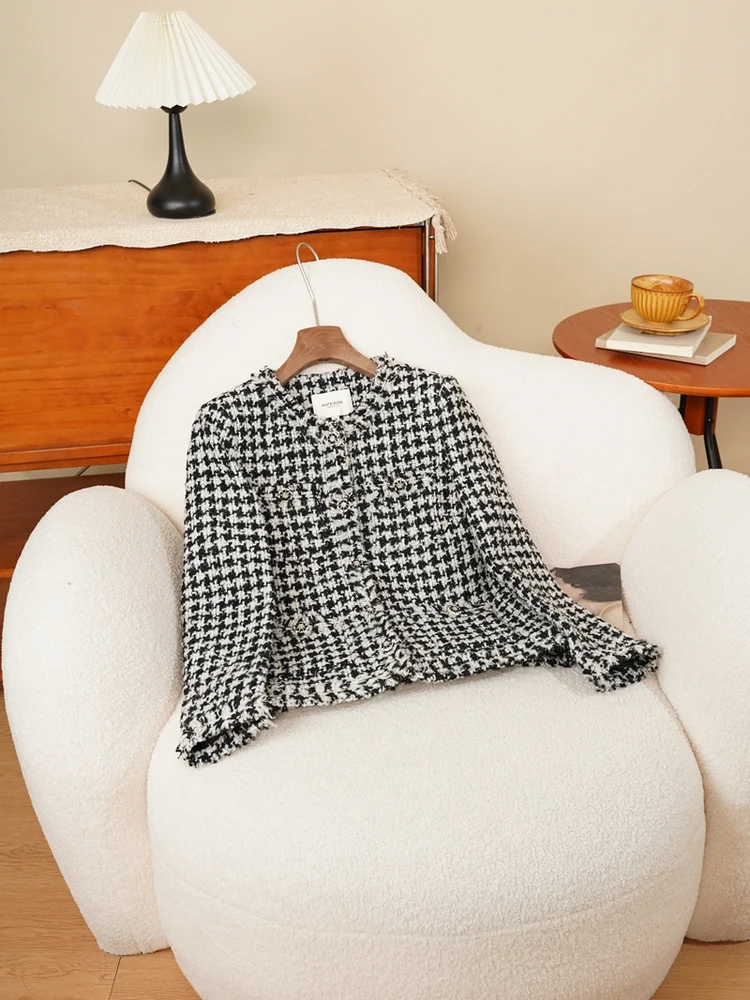 

Retro ey Plaid Knitted Woolen Coat Women's Loose Tassel Trim Ele Outerwear Polyester Fiber Cotton Wool Blend